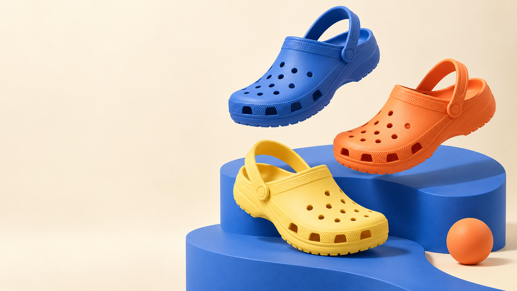 Zuecos azul, naranja y amarillo en una composición de estudio